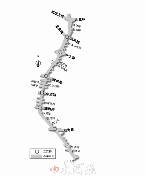 截至目前，僅剩西三環(huán)跨長江路、丹青路高架橋金水河處一座箱梁尚未澆筑。