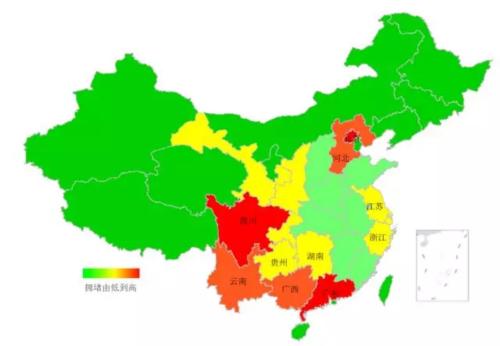 端午期間省域擁堵情況。來源：交通部聯(lián)合其他機構(gòu)發(fā)布的《2018年端午全國公路網(wǎng)出行預(yù)測報告》。