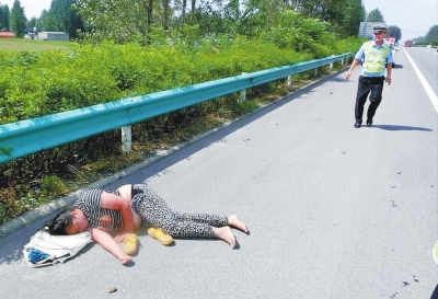 險！一女子躺高速路上睡大覺 漯河交警忙轉移保安全